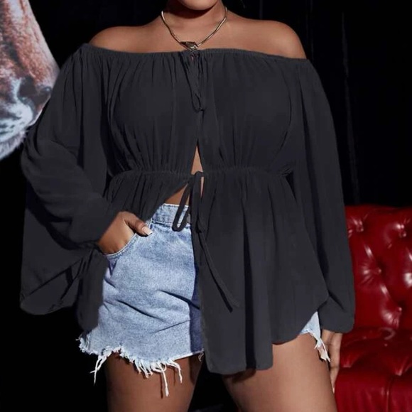 Boho Plus Size Off Shoulder Open Front Top Blouse Black - Picture 6 of 8